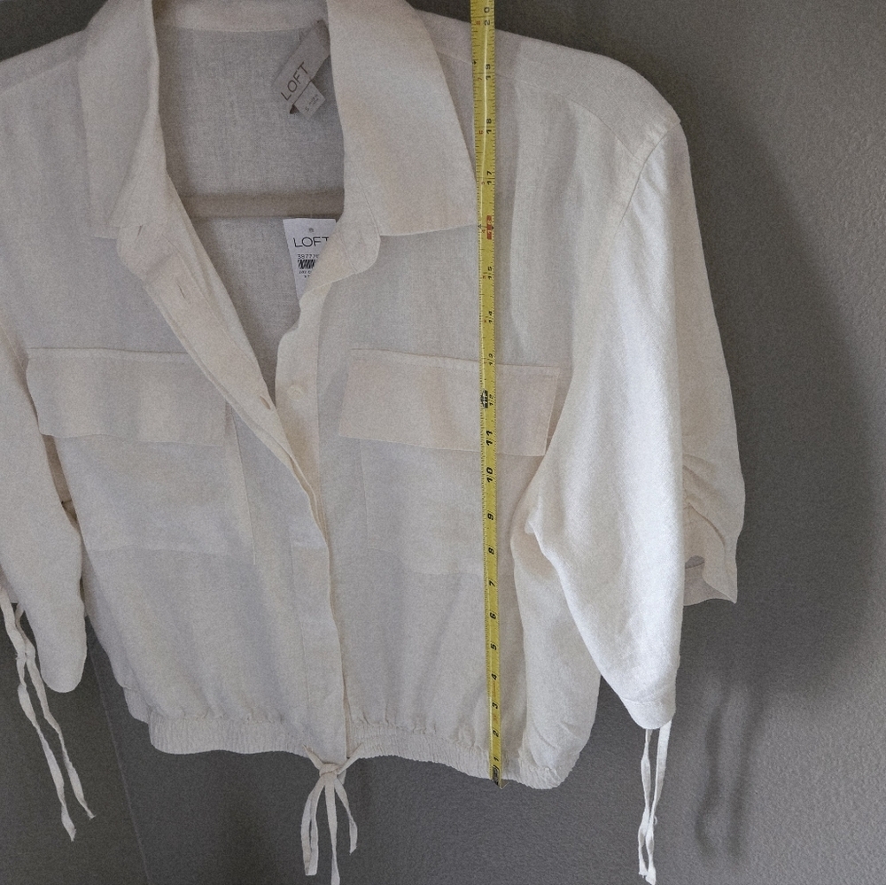 New Loft Utility Button Up Shirt Linen Blend Cinch Sleeve Ties S Layer Cropped - Picture 8 of 8